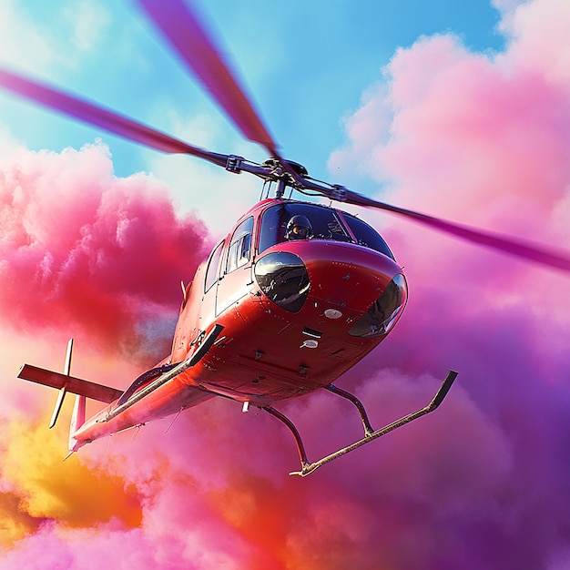 3d rendered photo of helicopter with pilot and multi color smoke ai generated