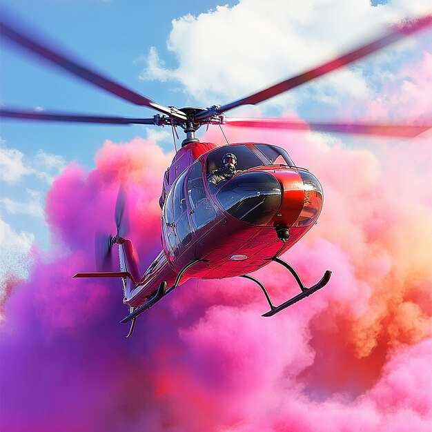 3d rendered photo of helicopter with pilot and multi color smoke ai generated