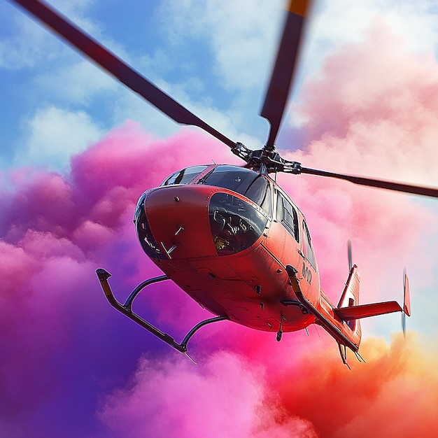 3d rendered photo of helicopter with pilot and multi color smoke ai generated