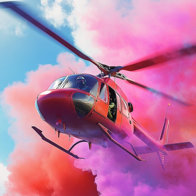 3d rendered photo of helicopter with pilot and multi color smoke ai generated