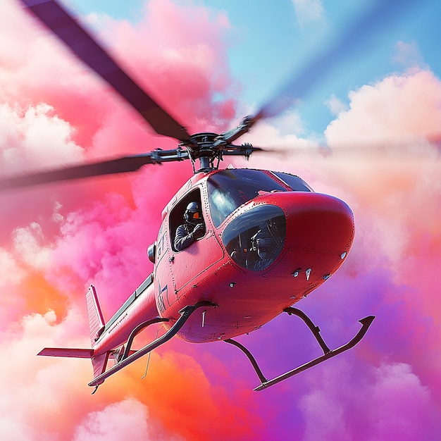 3d rendered photo of helicopter with pilot and multi color smoke ai generated