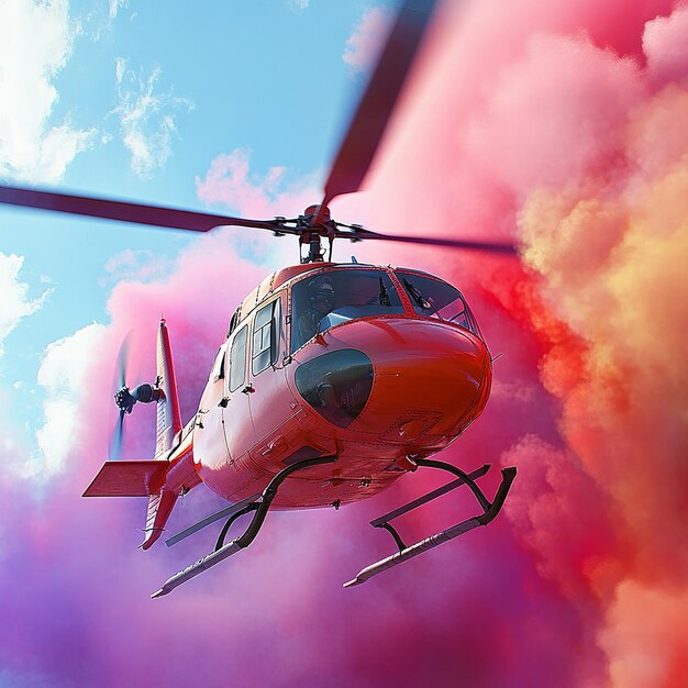 3d rendered photo of helicopter with pilot and multi color smoke ai generated