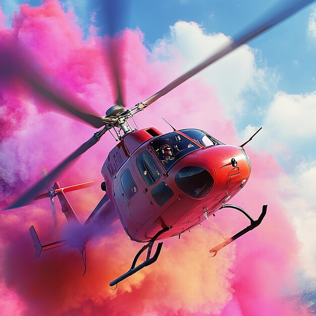 3d rendered photo of helicopter with pilot and multi color smoke ai generated