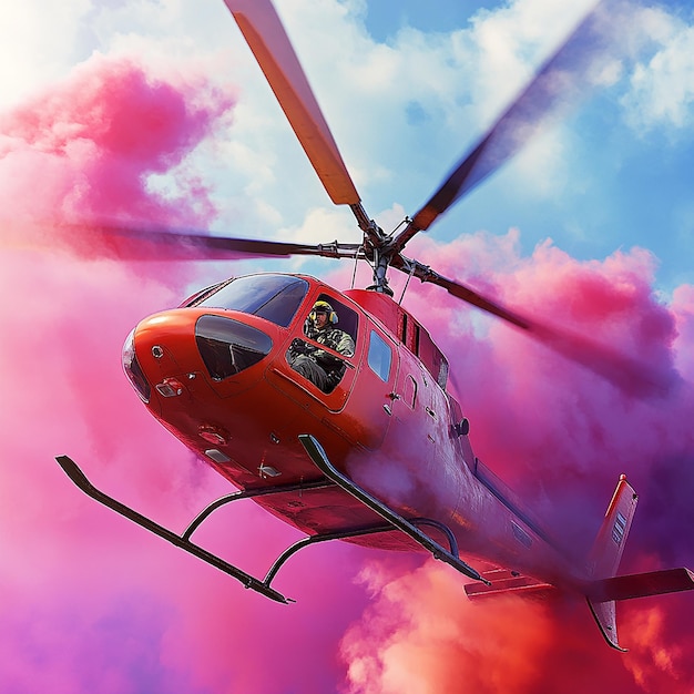 3d rendered photo of helicopter with pilot and multi color smoke ai generated