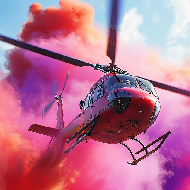 3d rendered photo of helicopter with pilot and multi color smoke ai generated