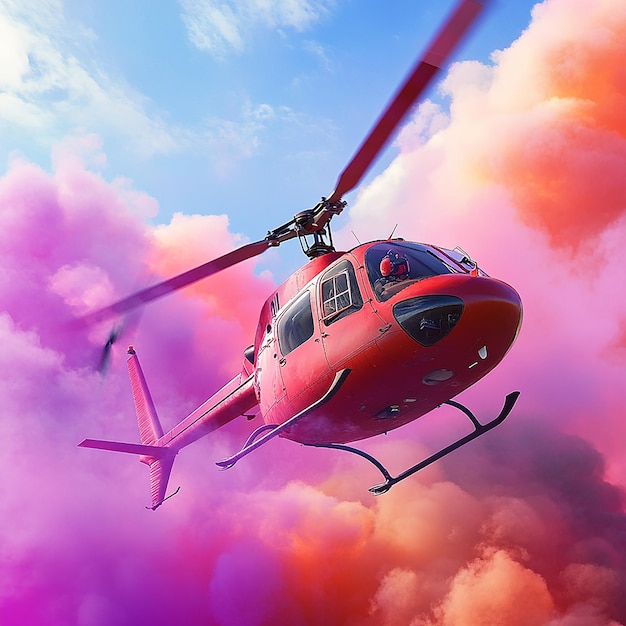 3d rendered photo of helicopter with pilot and multi color smoke ai generated