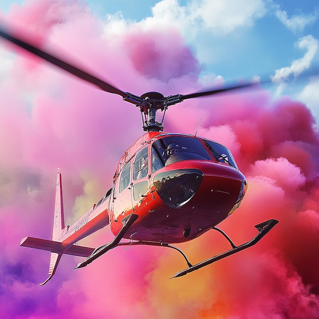 3d rendered photo of helicopter with pilot and multi color smoke ai generated