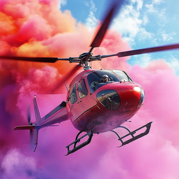 Photo 3d rendered photo of helicopter with pilot and multi color smoke ai generated