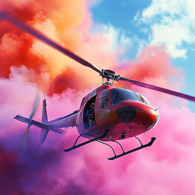 3d rendered photo of helicopter with pilot and multi color smoke ai generated