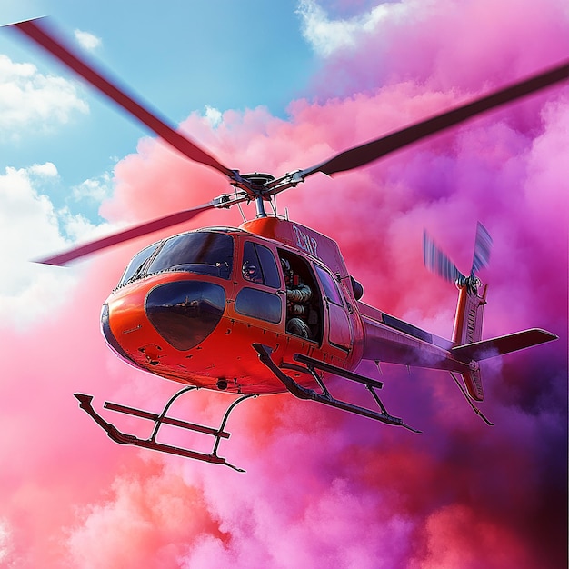 3d rendered photo of helicopter with pilot and multi color smoke ai generated