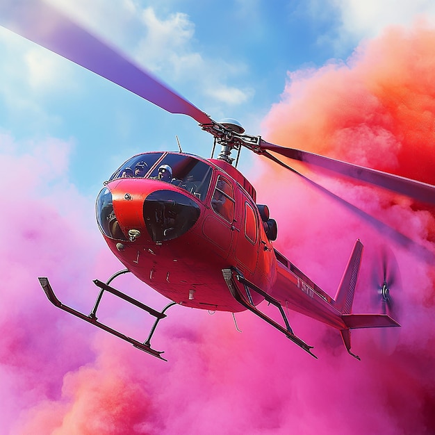 3d rendered photo of helicopter with pilot and multi color smoke ai generated