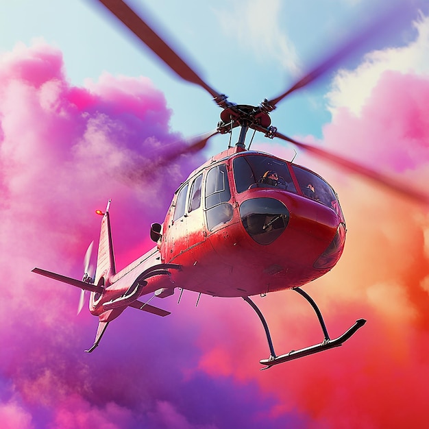 3d rendered photo of helicopter with pilot and multi color smoke ai generated