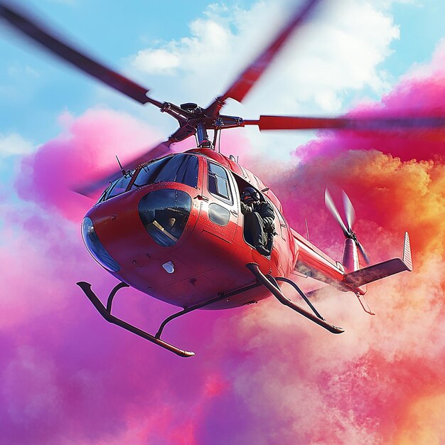 3d rendered photo of helicopter with pilot and multi color smoke ai generated