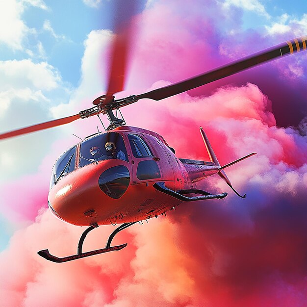 Photo 3d rendered photo of helicopter with pilot and multi color smoke ai generated