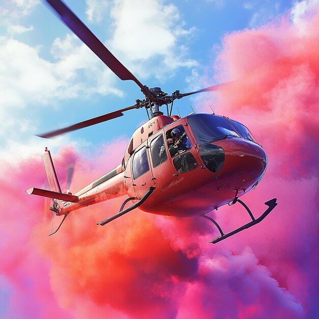 3d rendered photo of helicopter with pilot and multi color smoke ai generated