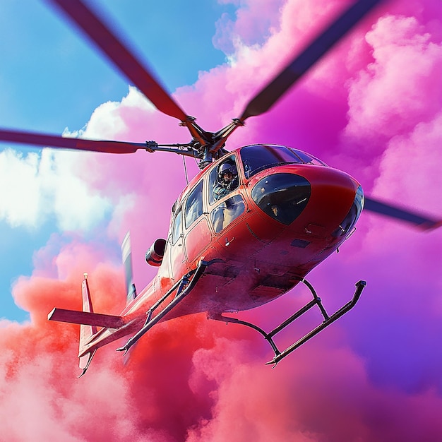 3d rendered photo of helicopter with pilot and multi color smoke ai generated