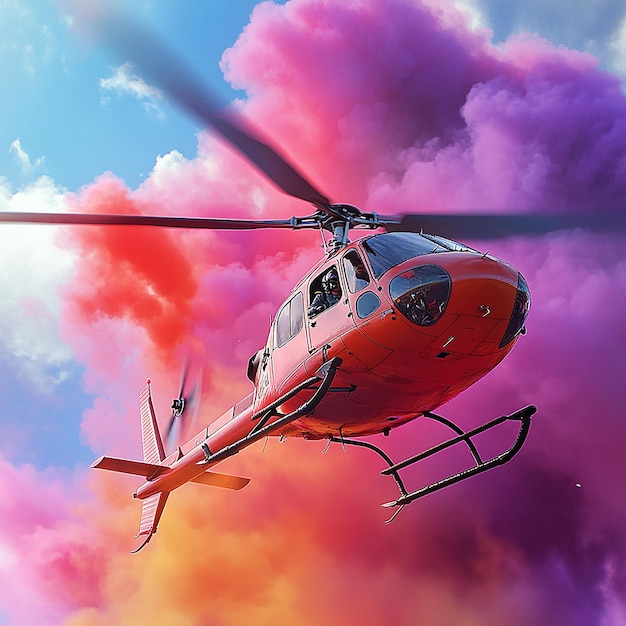 3d rendered photo of helicopter with pilot and multi color smoke ai generated