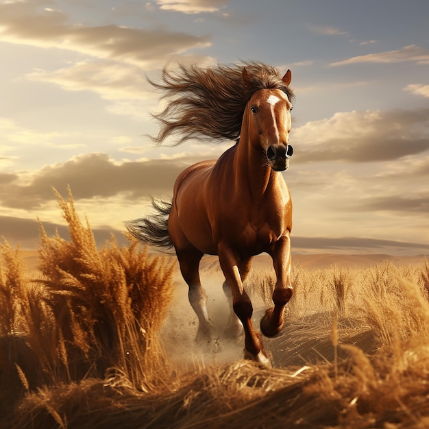 3d rendered photo of Horse running on fields