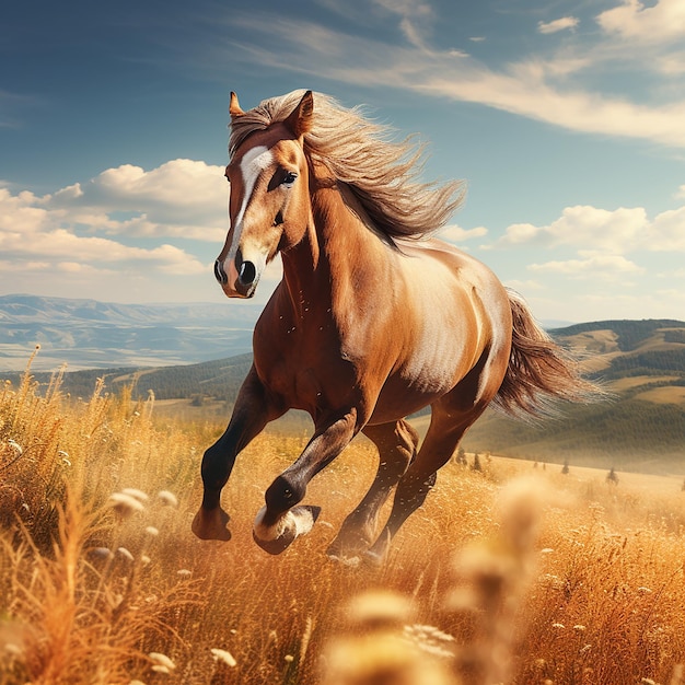 3d rendered photo of Horse running on fields