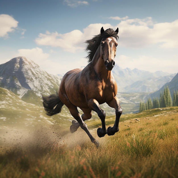 3d rendered photo of Horse running on fields