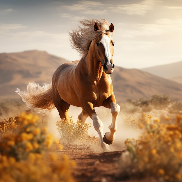 3d rendered photo of Horse running on fields