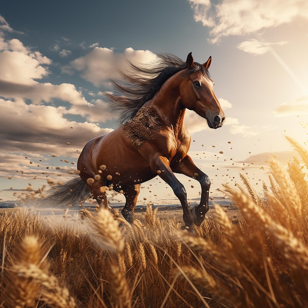 3d rendered photo of Horse running on fields