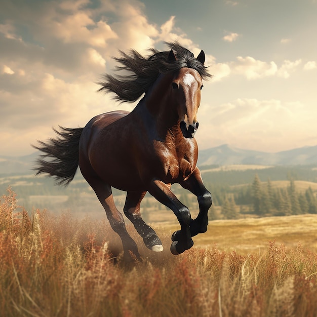 3d rendered photo of Horse running on fields