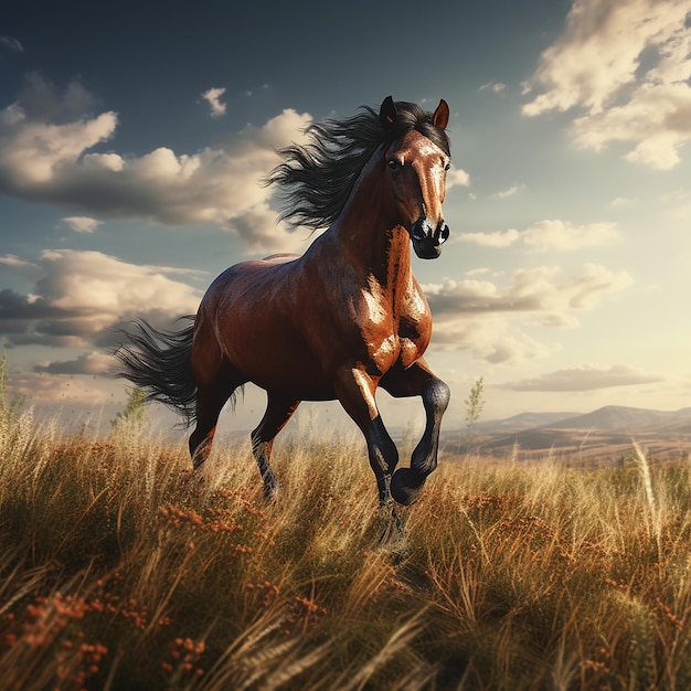 3d rendered photo of Horse running on fields