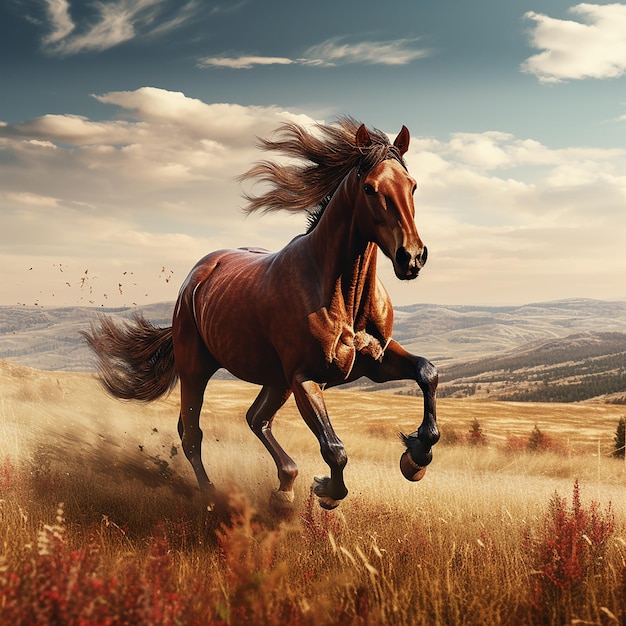 3d rendered photo of Horse running on fields