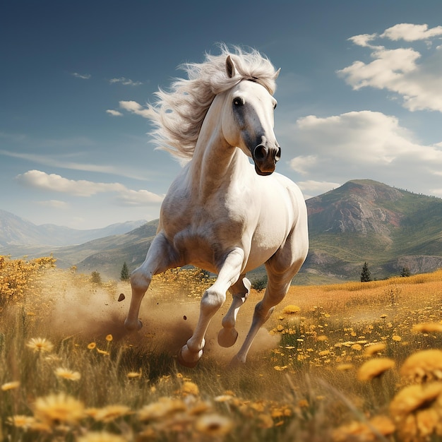 3d rendered photo of Horse running on fields