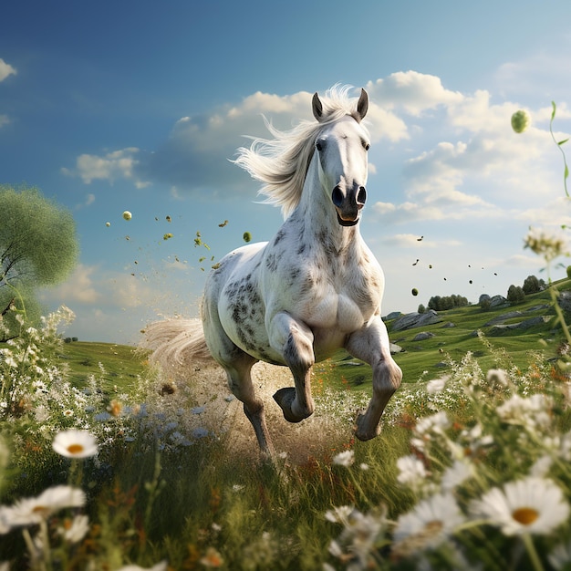 3d rendered photo of Horse running on fields