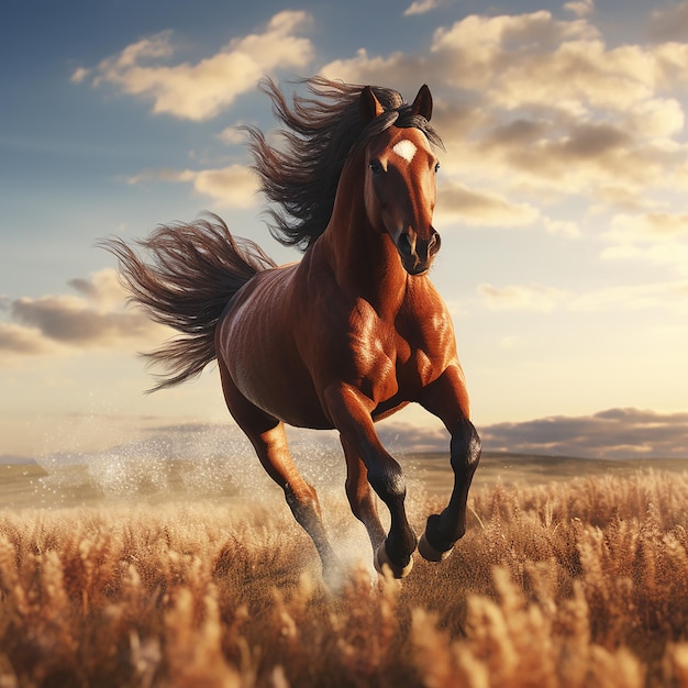 3d rendered photo of Horse running on fields