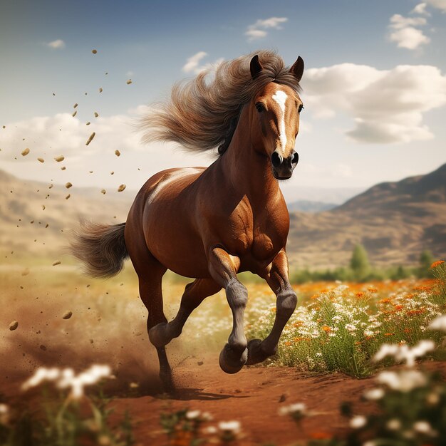 3d rendered photo of Horse running on fields