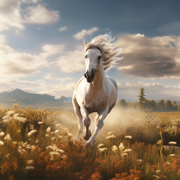 3d rendered photo of Horse running on fields