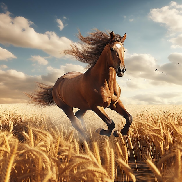 3d rendered photo of Horse running on fields