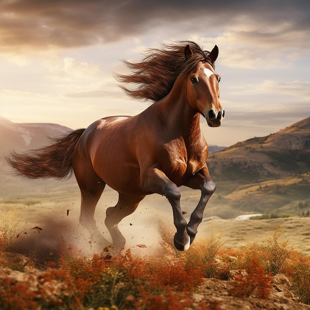 3d rendered photo of Horse running on fields