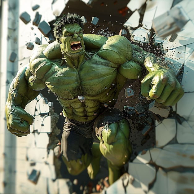 3d rendered photo of Hulk smashing through a wall roaring in fury with debris flying everywhere