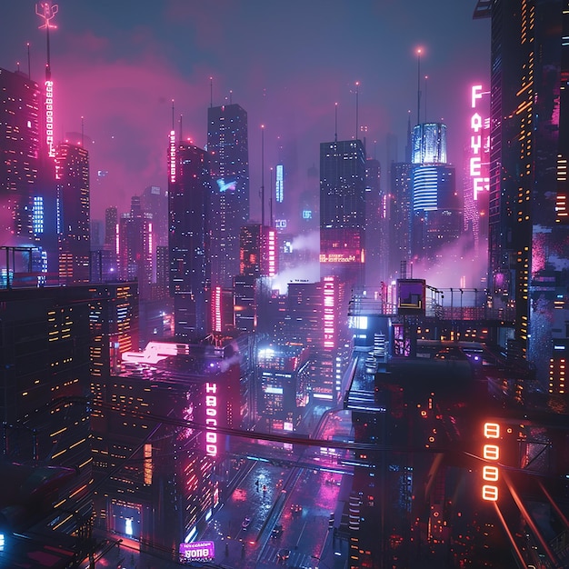 3d rendered photo of Imagine a futuristic and dystopian cityscape at night with neon lights