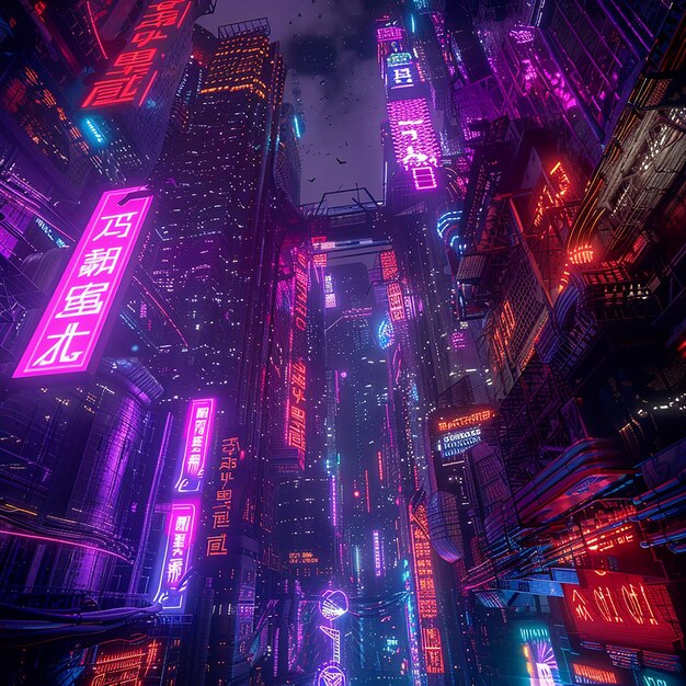 3d rendered photo of Imagine a futuristic and dystopian cityscape at night with neon lights