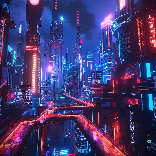 3d rendered photo of Imagine a futuristic and dystopian cityscape at night with neon lights