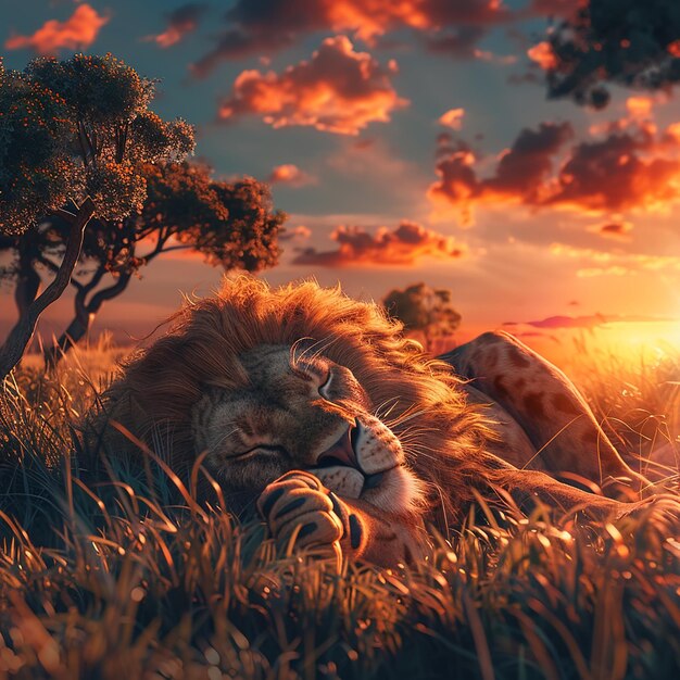 Photo 3d rendered photo of a lion with a sunset in the background