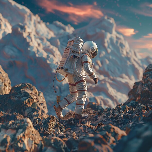 Photo 3d rendered photo of a man in a space suit is sitting on a rock