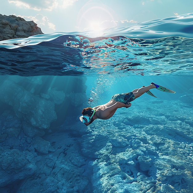 3d rendered photo of a man swimming underwater wearing a mask and snorke