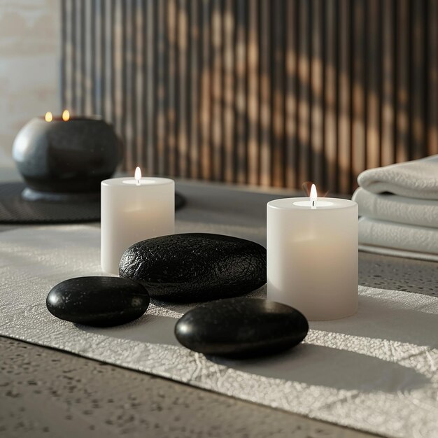 3d rendered photo of a massage table with candles and a vase with a tree in the background