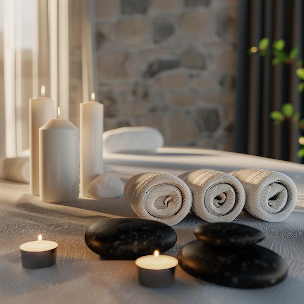 3d rendered photo of a massage table with candles and a vase with a tree in the background