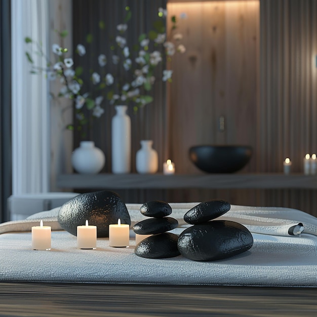 3d rendered photo of a massage table with candles and a vase with a tree in the background