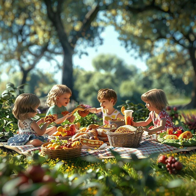 3d rendered photo of medium short kids are enjoying a picnic day with a lot of food