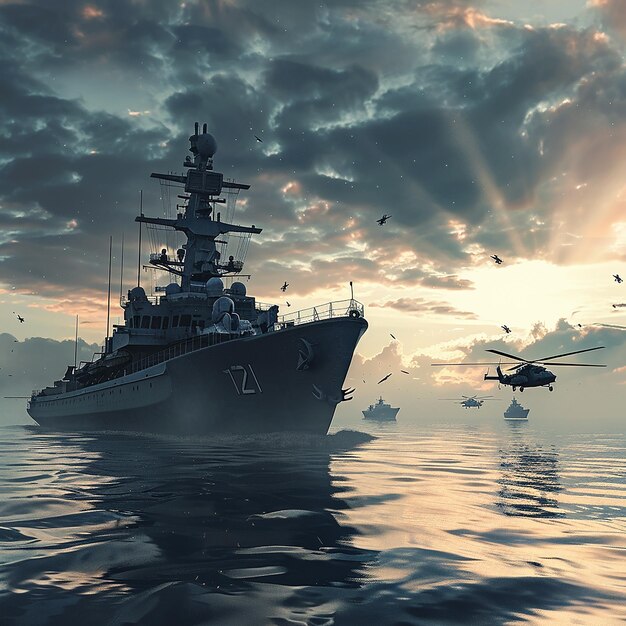 Photo 3d rendered photo of military ship with alot of weapons on it plane and helicopter