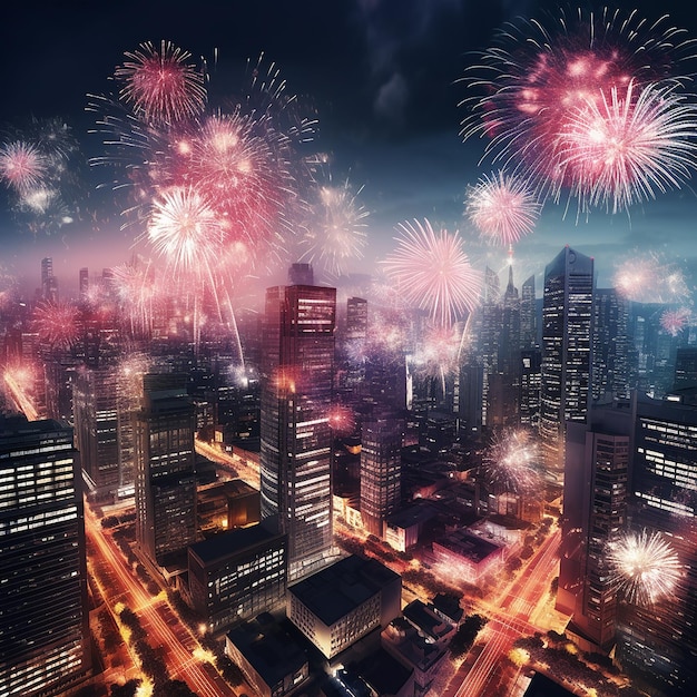 3d rendered photo of new year firework in city