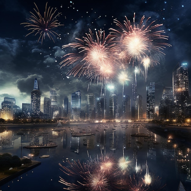 3d rendered photo of new year firework in city